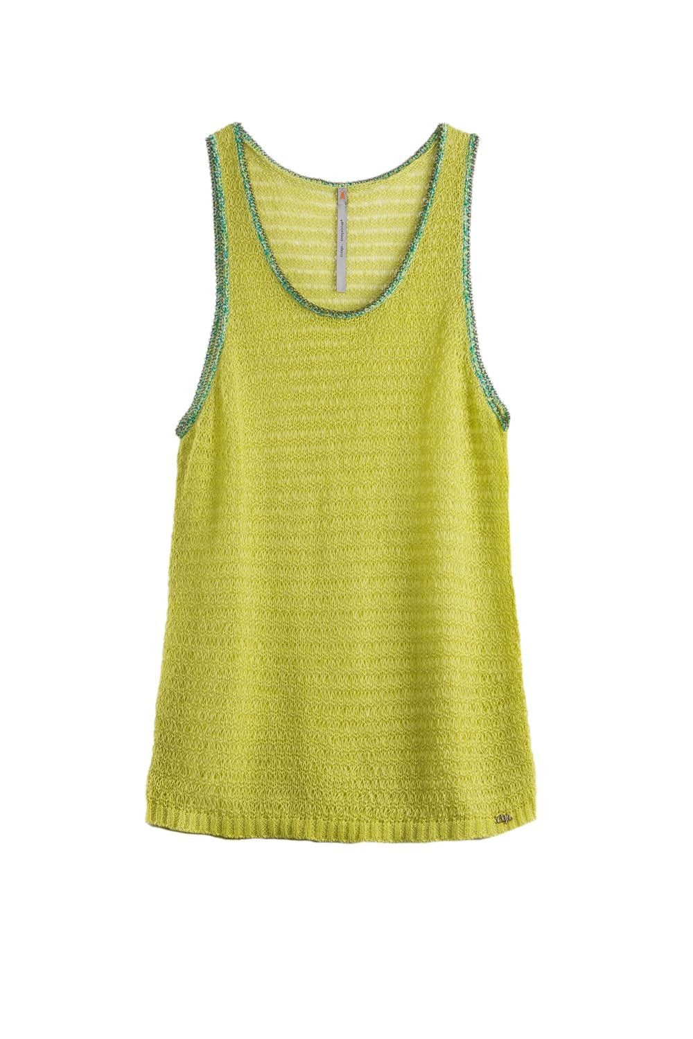 A bright mint green, knitted sweater tank top with contrasting outline and a chain detail.
